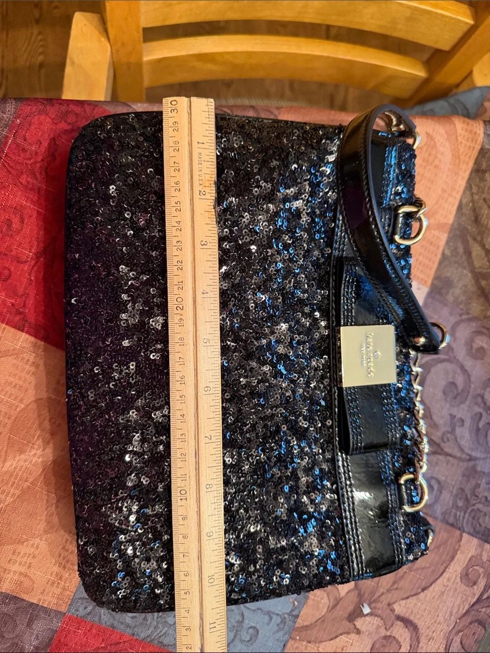 kate spade black sequin satchel with gold chain trim